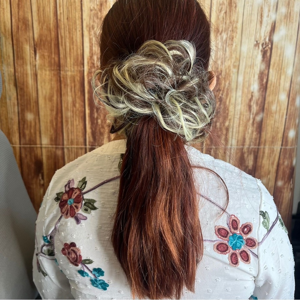 Curly Messy Hair Bun Scrunchie Ash Blonde Dark Brown Mix Synthetic Extension